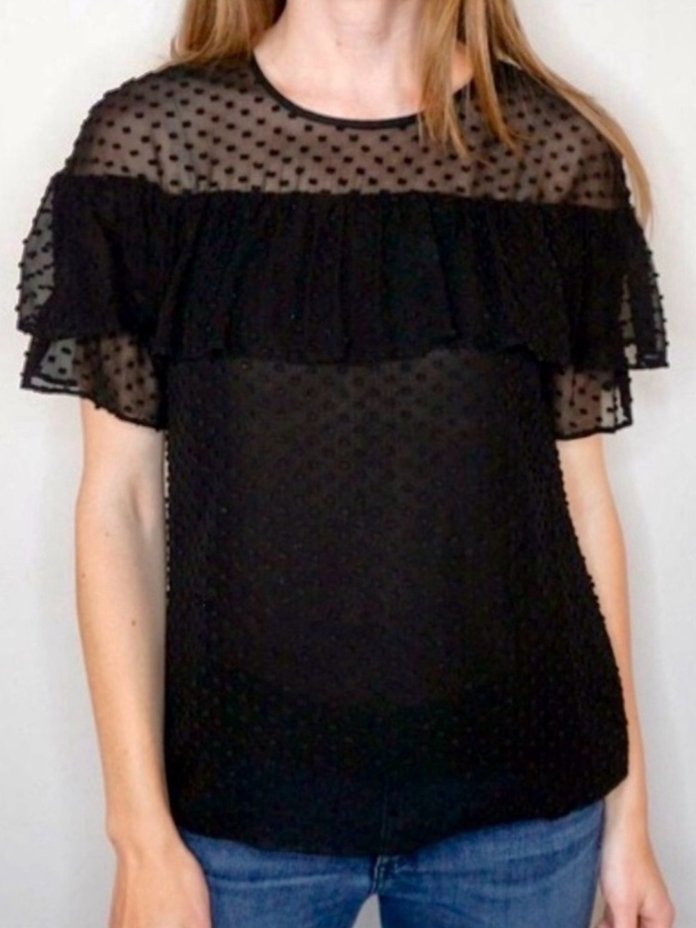 New! J. Crew Ruffle Edie Top in Black Sheer Swiss Dot Sz 0